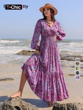 Rusttydustty Purple Paisley V-Neck Smocked Maxi Dress